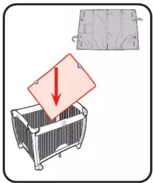 Diagram showing a red downward arrow inside a container with a magnified view of a patterned fabric or material sample.