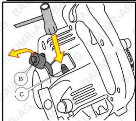 Technical diagram of a mechanical assembly with labeled parts B and C, showing directional arrows indicating movement or force.