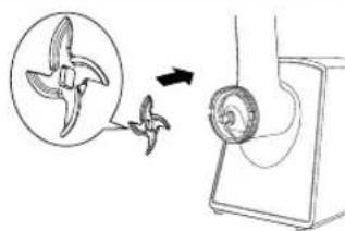 Diagram showing a propeller being inserted into a mechanical component, with an arrow indicating the process.