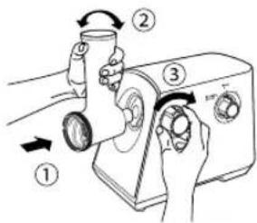 Diagram showing hands operating a sewing machine with numbered parts and directional arrows indicating motion