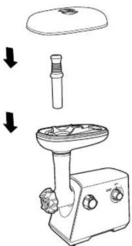 Diagram showing a sewing machine with a handle, blade, and base components, illustrating the process from top to bottom.
