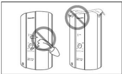 Diagram showing two devices with a hand gesture and a prohibition symbol, likely illustrating safety or resistance.