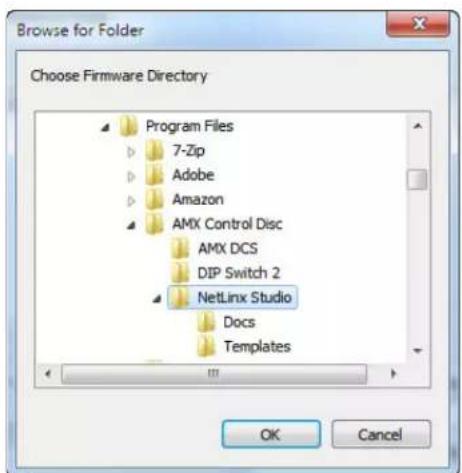 Browse for Folder Choose Firmware Directory Program Files 7-Zip Adobe Amazon AMX Control Disc AMX DCS DIP Switch 2 NetLinx Studio Docs Templates OK Cancel