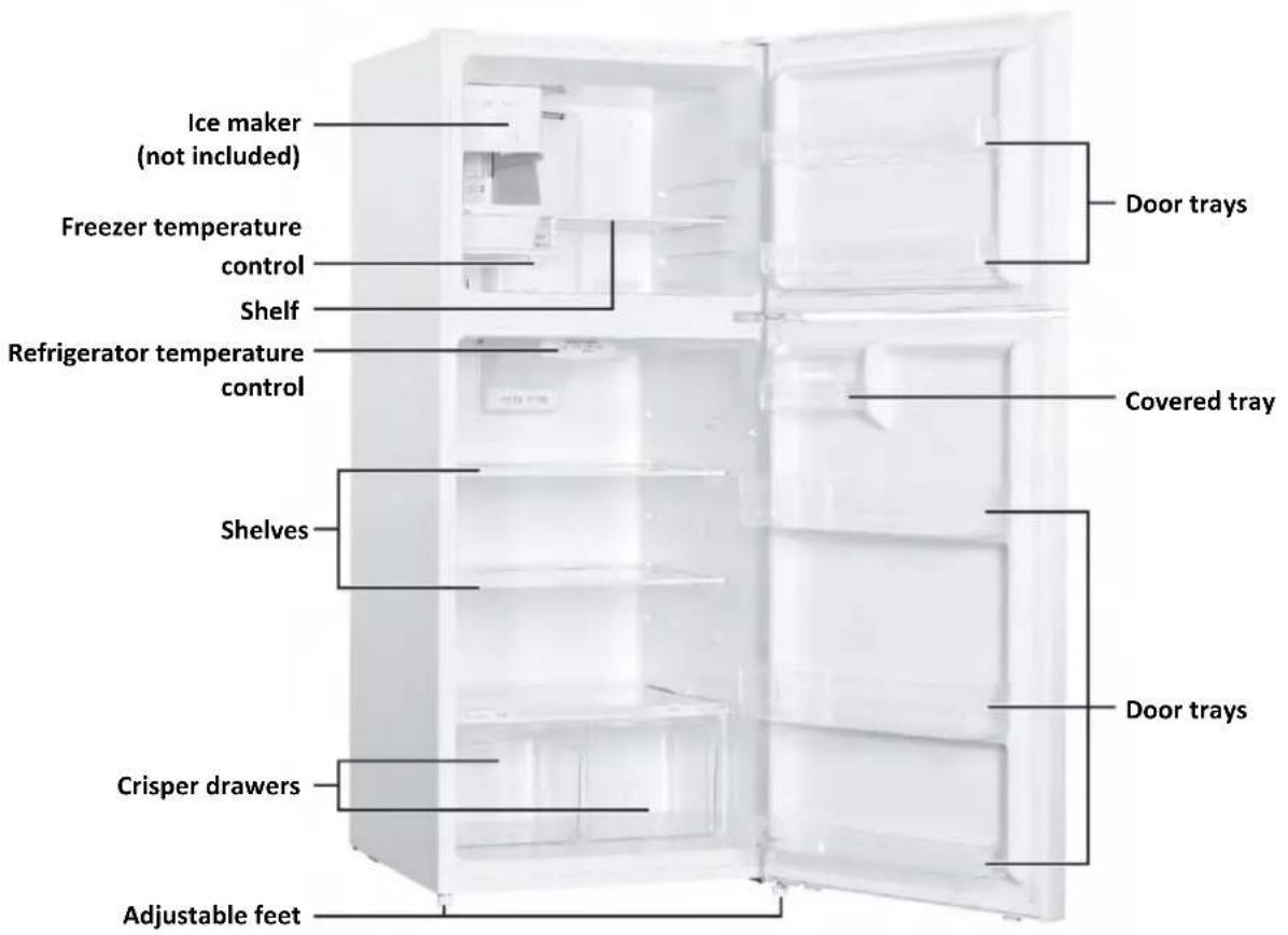 Ice maker (not included) Freezer temperature control Shelf Refrigerator temperature control Shelves Crisper drawers Adjustable feet Door trays Covered tray Door trays