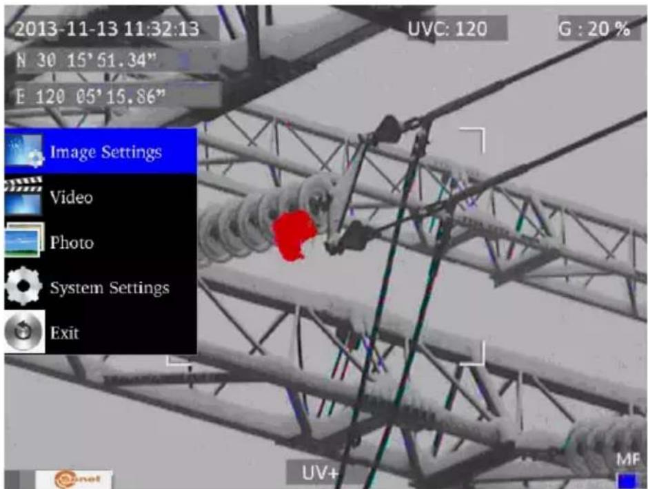 2013-11-13 11:32:13 N 30 15' 51.34" E 120 05' 15.86" UVC: 120 G : 20 % Image Settings Video Photo System Settings Exit UV+ MF