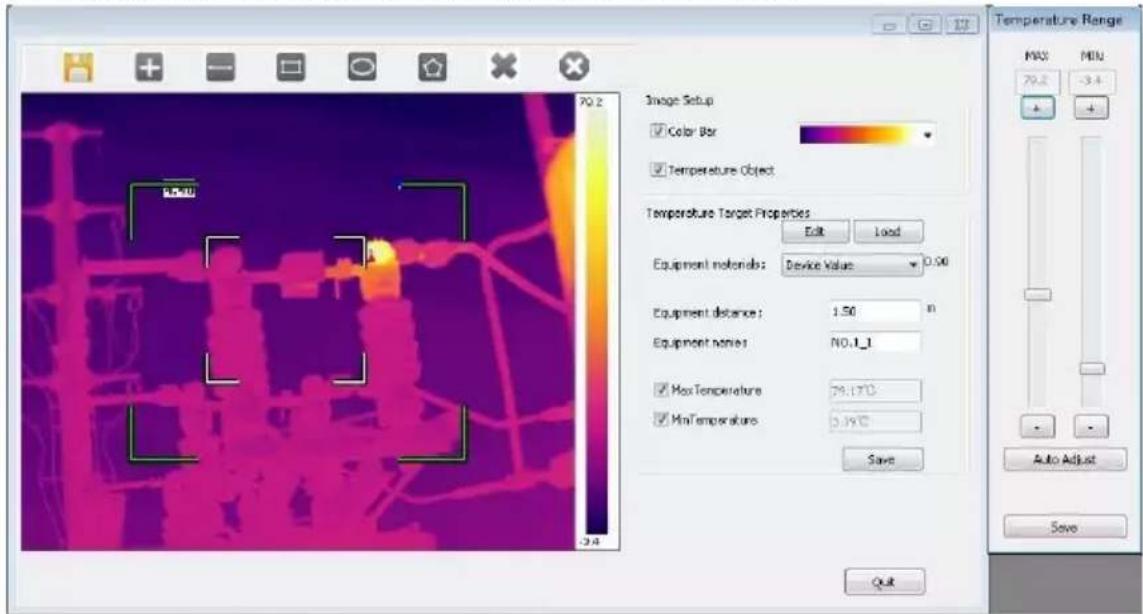 70.2 Image Setup ✓ Color Bar ✓ Temperature Object Temperature Target Properties Edit Load Equipment Materials: Device Value 0.50 Equipment distance: 1.50 in Equipment name: NO.1_1 ✓ Max Temperature 79.170 ✓ Min Temperature 5.190 Save Auto Adjust Save Quit Temperature Range MAX MIN 70.2 -3.4 + + OK