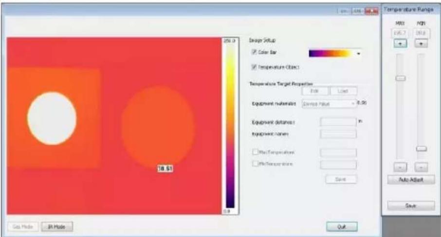 250.0 Design Setup Color Bar Temperature Object Temperature Target Properties Load Used Equipment Material: Device Value - 0.06 Equipment distance: In Equipment Name: Max Temperature Min Temperature Save Auto Adjust Save 38.51 Go Mode 31 Mode OK Temperature Range MAX MAX 106.7 38.5 + - Auto Adjust Save