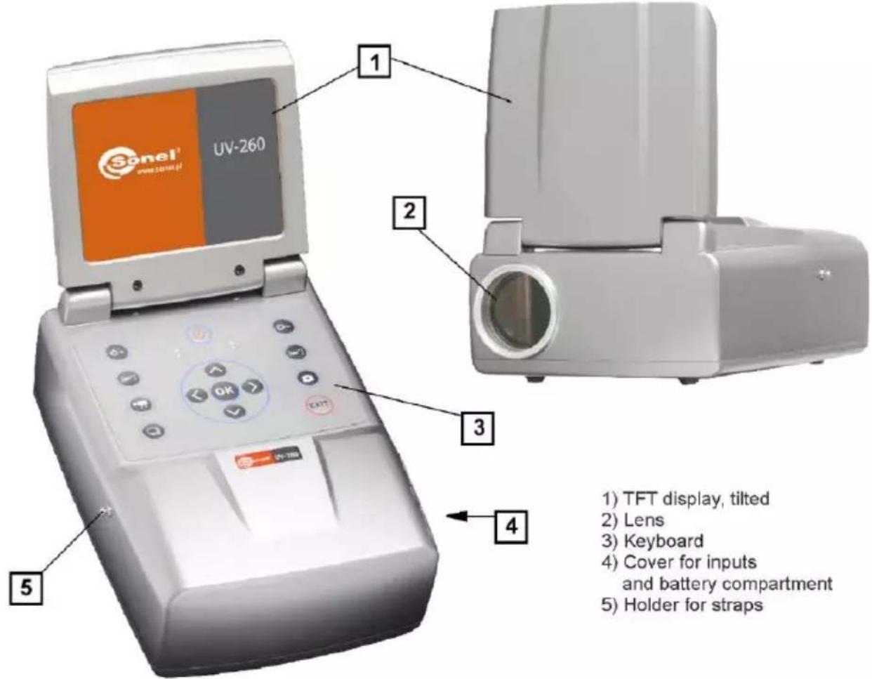 1 Sonel UV-260 2 3 4 5 1) TFT display, tilted 2) Lens 3) Keyboard 4) Cover for inputs and battery compartment 5) Holder for straps