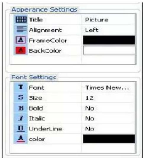 Apperance Settings Title Picture Alignment Left FrameColor BackColor Font Settings T Font Times Now... S Size 12 B Bold No I Italic No U UnderLine No A color
