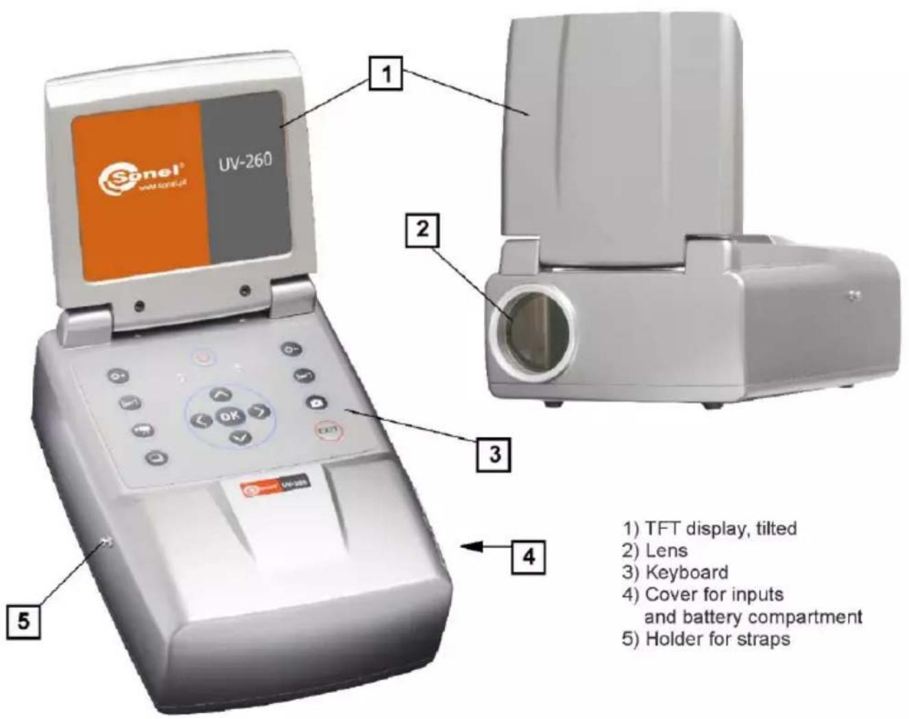 1 2 3 4 5 1) TFT display, tilted 2) Lens 3) Keyboard 4) Cover for inputs and battery compartment 5) Holder for straps