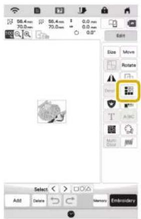 56.4 mm 70.0 mm 56.4 mm 70.0 mm 0.0 mm 0.0 mm 0.0" Edit Size Move Rotate Drive Close Multi-Glass Select < Add Delete Memory Embroidery