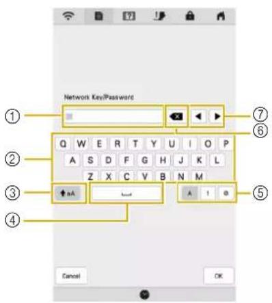 Network Key/Password ① ② ③ ④ ⑦ ⑥ Q W E R T Y U I O P A S D F G H J K L Z X C V B N M ← nA A 1 0 Cancel OK