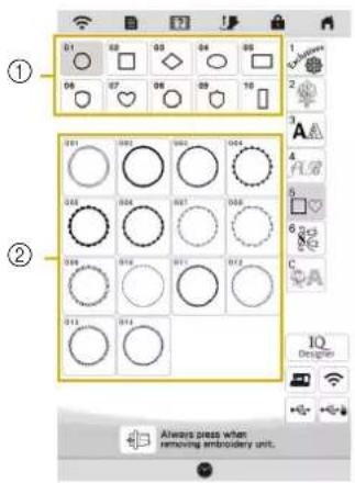 ① 01 02 03 04 05 06 07 08 09 10 ② 001 002 003 004 005 006 007 008 009 010 011 012 013 014 Always press when removing embroidery unit. 1Q Design