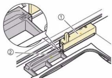 Technical diagram showing mechanical assembly with labeled parts and a magnified inset view of a component detail.
