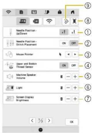 Needle Position - UpDraws Needle Position - Stitch Placement Mouse Pointer Upper and Bobbin Thread Sensor Machine Speaker: Volume Light Screen Display Brightness OK
