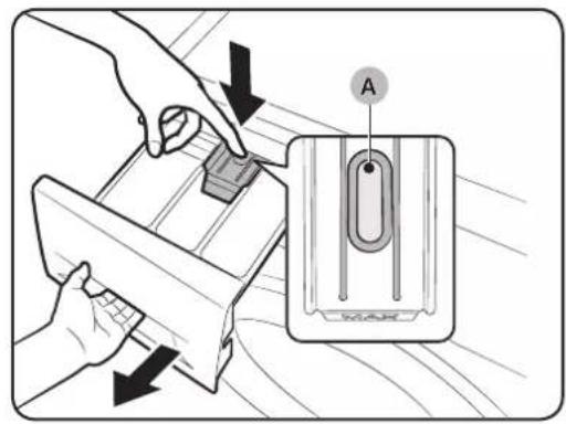 Technical diagram showing a hand using a tool to adjust or install a component, with an inset highlighting a component labeled 'A'.