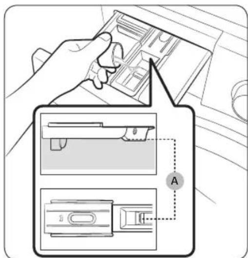 Diagram showing hand inserting a device into a device panel, with labeled components and a dashed arrow indicating direction.