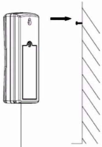Technical line drawing of a vertical door with a handle and an arrow pointing to a wall (no text or symbols)