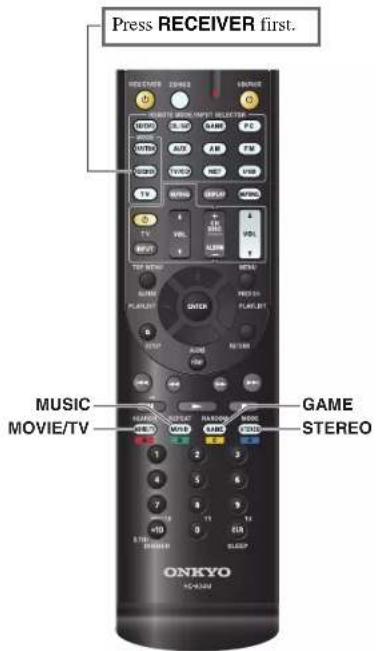 Press RECEIVER first. MUSIC MOVIE/TV GAME STEREO ONKYO