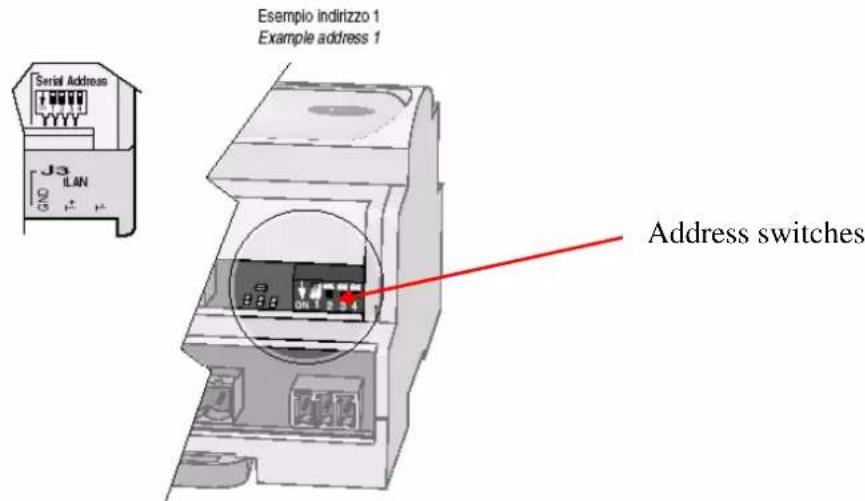 Esempio indirizzo 1 Example address 1 Serial Address J3 ILAN Address switches