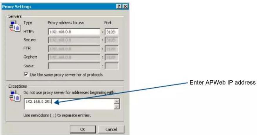 Proxy Settings Servers Type Proxy address to use Port HTTP: 192.168.0.0 Secure: 192.168.0.0 FTP: 192.168.0.0 Gopher: 192.168.0.0 Socks: ✓ Use the same proxy server for all protocols Exceptions Do not use proxy server for addresses beginning with: 192.168.0.251 Use semicolons ( ; ) to separate entries. Enter APWeb IP address OK Cancel