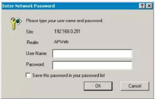 Enter Network Password Please type your user name and password. Site: 192168.0.251 Realm APWeb User Name Password Save this password in your password list OK Cancel