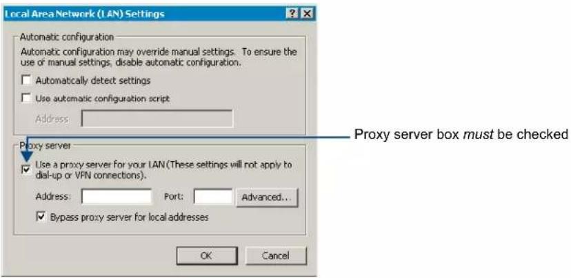 Local Area Network (LAN) Settings Automatic configuration Automatic configuration may override manual settings. To ensure the use of manual settings, disable automatic configuration. □ Automatically detect settings □ Use automatic configuration script Address: Proxy server ✓ Use a proxy server for your LAN (These settings will not apply to dial-up or VPN connections). Address: Port: Advanced... ✓ Bypass proxy server for local addresses OK Cancel Proxy server box must be checked