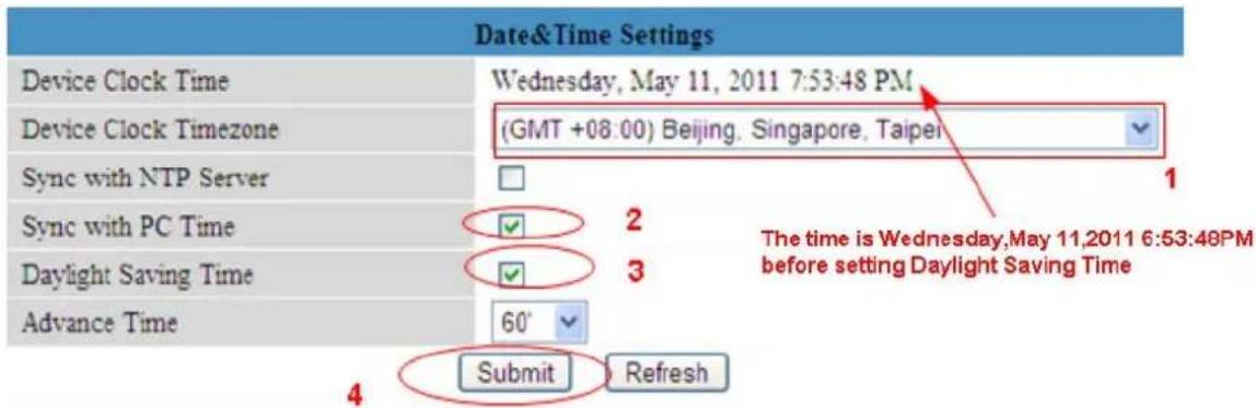 Date&Time Settings Device Clock Time Device Clock Timezone Sync with NTP Server Sync with PC Time Daylight Saving Time Advance Time Wednesday, May 11, 2011 7:53:48 PM (GMT +08:00) Beijing, Singapore, Taipei The time is Wednesday,May 11,2011 6:53:48PM before setting Daylight Saving Time 60° Submit Refresh