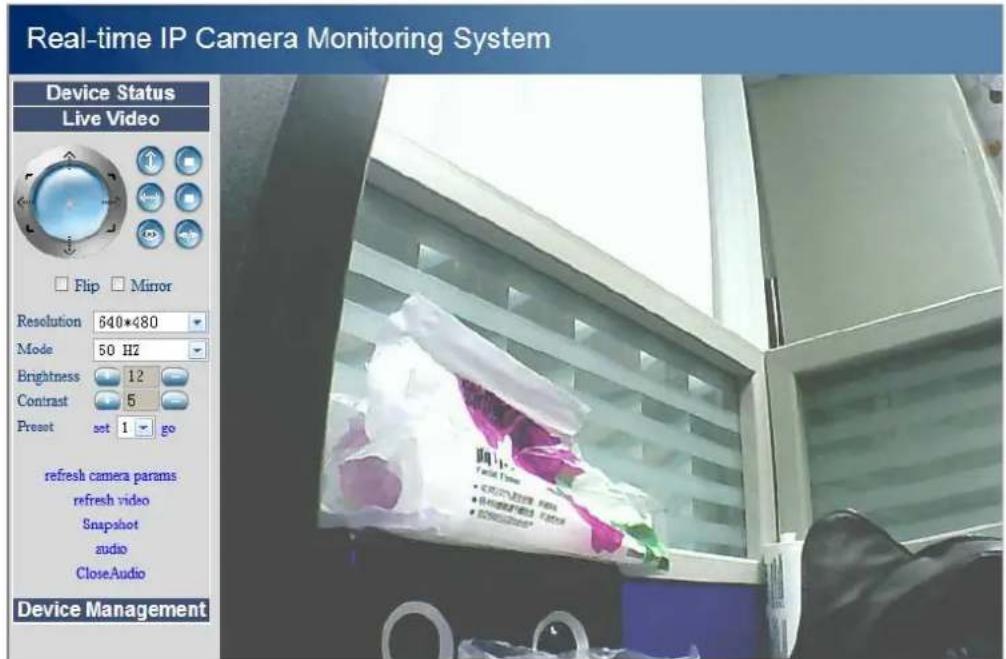 Real-time IP Camera Monitoring System Device Status Live Video Flip Mirror Resolution 640*480 Mode 50 Hz Brightness 12 Contrast 5 Preset set 1 go refresh camera params refresh video Snapshot audio CloseAudio Device Management