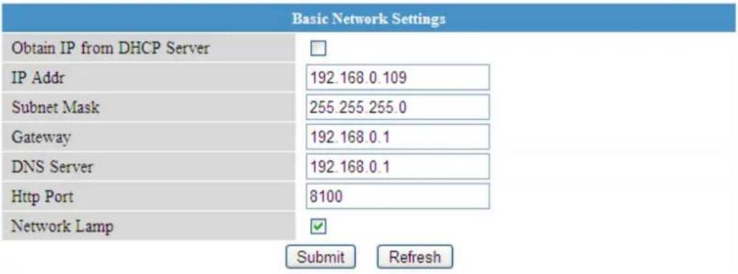 Basic Network Settings Obtain IP from DHCP Server IP Addr 192.168.0.109 Subnet Mask 255.255.255.0 Gateway 192.168.0.1 DNS Server 192.168.0.1 Http Port 8100 Network Lamp Submit Refresh