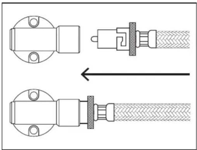 Diagram showing two mechanical components with fasteners and connectors, one being inserted into a cable (no text or symbols present)