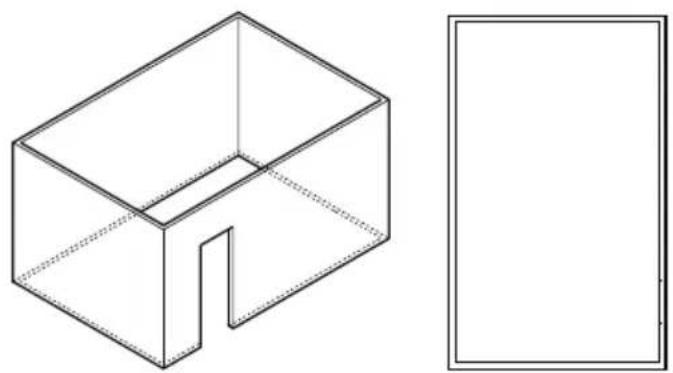 Isometric line drawing of a 3D rectangular box with an open side and a separate empty rectangle (no text or symbols)