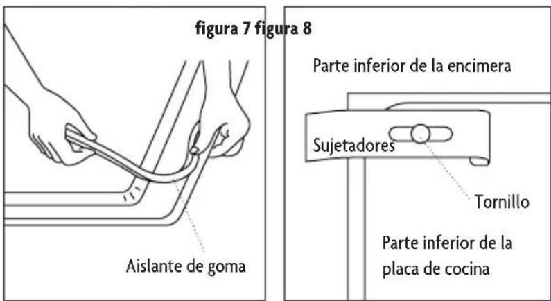 figura 7 figura 8 Aislante de goma Parte inferior de la encimera Sujetadores Tornillo Parte inferior de la placa de cocina