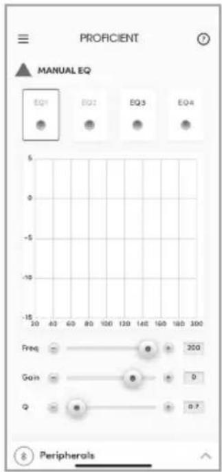 PROFICIENT ▲ MANUAL EQ EQ1 EQ2 EQ3 EQ4 Freq 200 Gain 0 Q 0.7 Peripherals