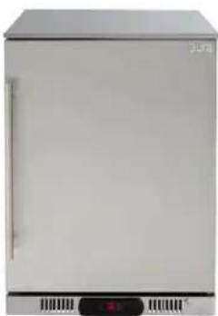 Front view of a white stainless steel refrigerator with control panel and indicator lights (no visible text or symbols)