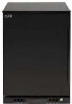Black rectangular refrigerator with 'bura' branding on top, no visible text or symbols on body