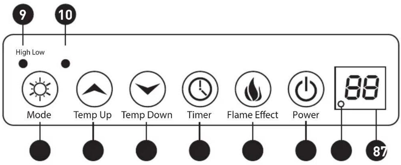 9 10 High Low Mode Temp Up Temp Down Timer Flame Effect Power 88 87