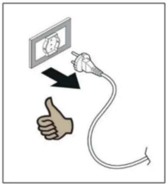 Diagram illustrating the connection between a wall-mounted device and a plug, with a thumbs-up gesture and directional arrow indicating interaction.
