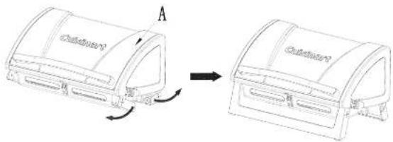 Diagram showing a vehicle door mechanism before and after, with labeled components and directional arrows