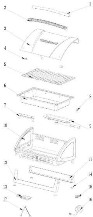 Exploded view diagram of a refrigerator with numbered parts and labeled parts in English