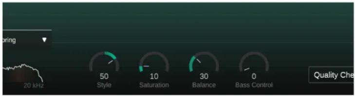 Spring 20 kHz 50 Style 10 Saturation 30 Balance 0 Bass Control Quality Che