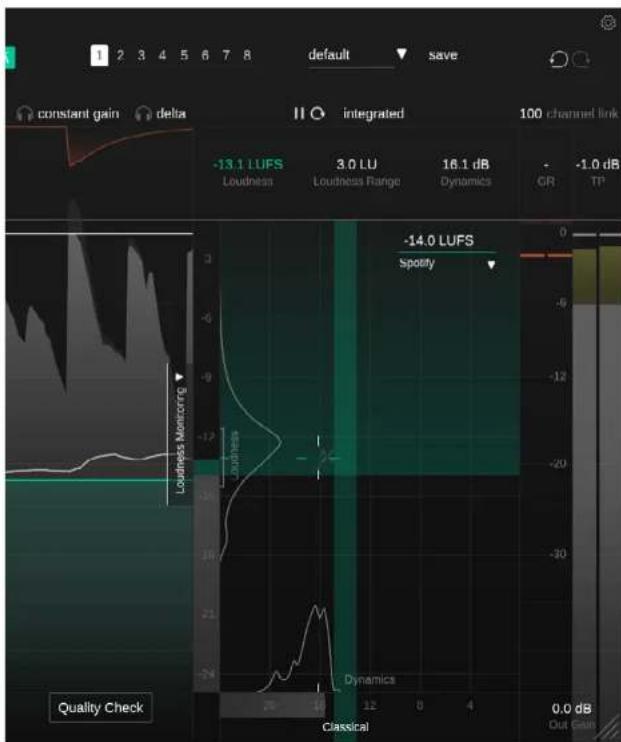 default save constant gain delta integrated 100 channel link -13.1 LUFS 3.0 LU 16.1 dB GR -1.0 dB TP Loudness Loudness Range Dynamics -14.0 LUFS Spotify Quality Check Classical 0.0 dB Out Gain