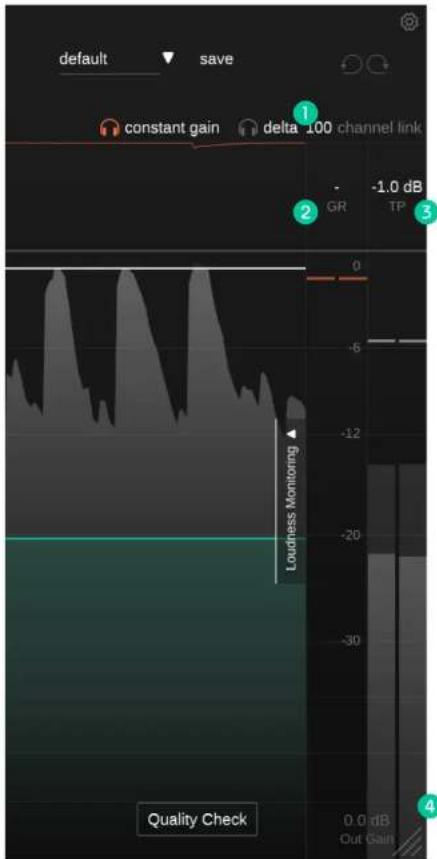 default save constant gain delta 100 channel link -1.0 dB GR TP Loudness Monitoring Quality Check 0.0 dB Out Gain