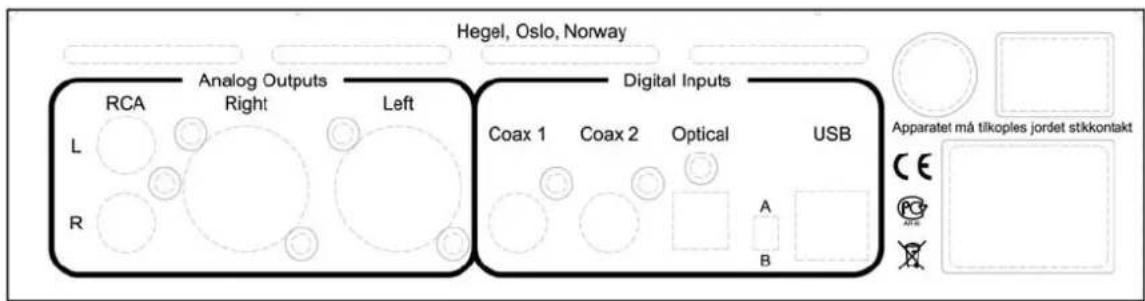 Hegel, Oslo, Norway Analog Outputs RCA Right Left L R Digital Inputs Coax 1 Coax 2 Optical USB Apparatet må tilkoples jordet stikkontakt CE PCG ARH