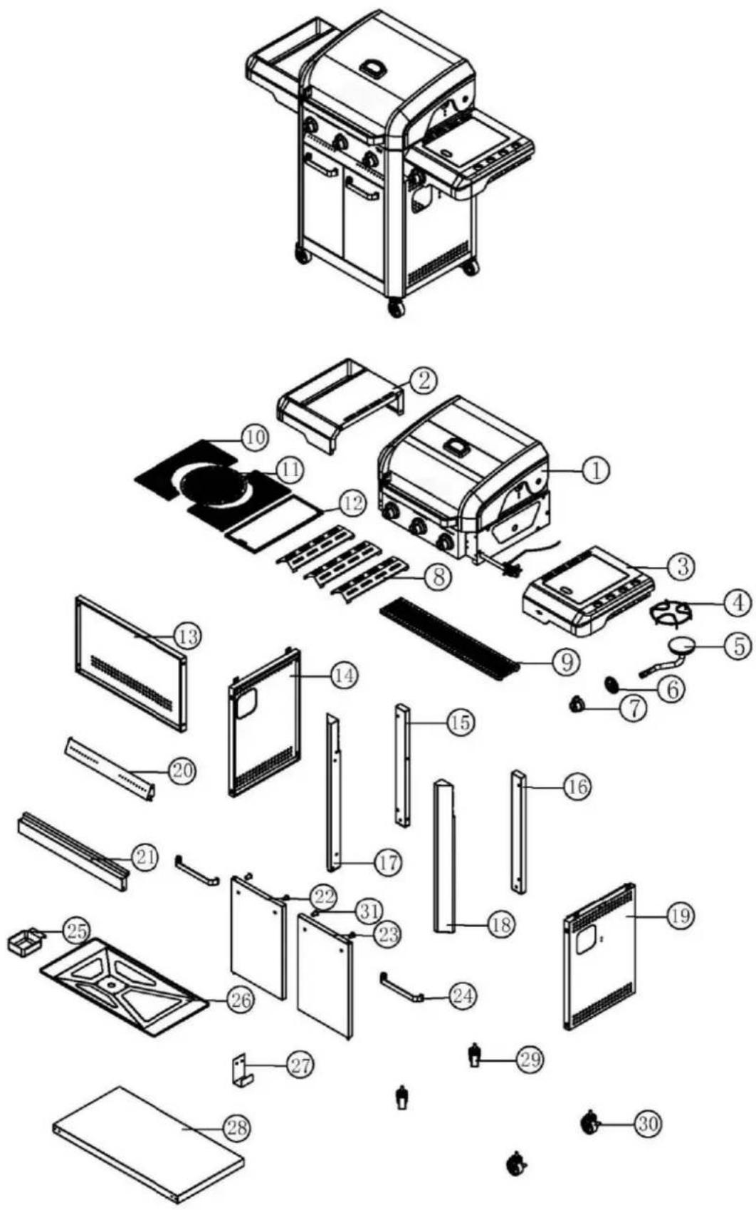 Exploded view diagram of a portable gas stove with numbered parts for identification