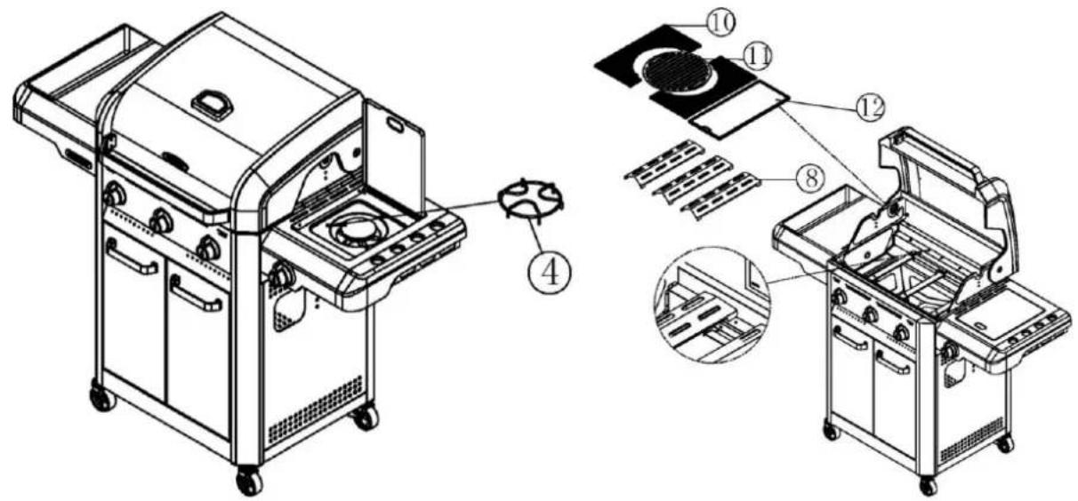 Technical diagram of a gas stove with labeled components and exploded view