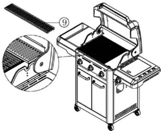 Technical diagram of a grill with labeled components and an inset close-up showing internal structure details.