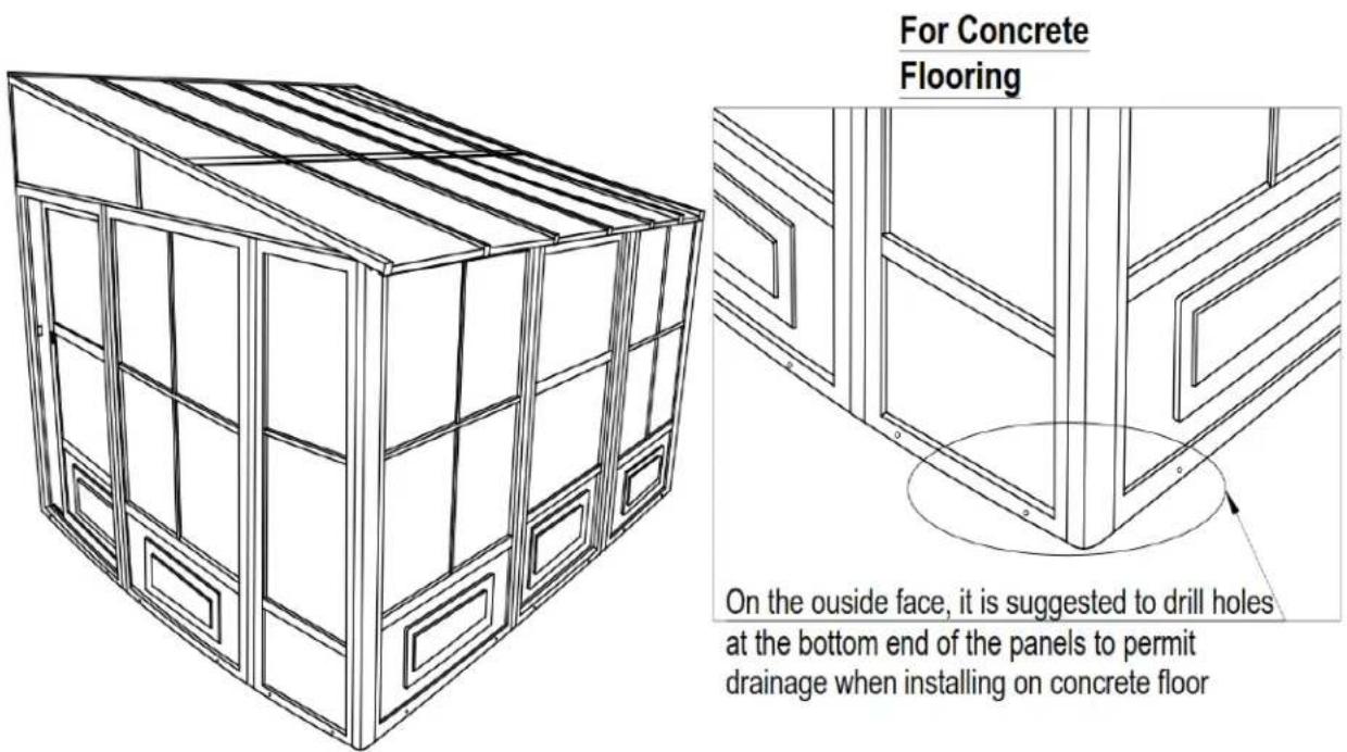 For Concrete Flooring On the outside face, it is suggested to drill holes at the bottom end of the panels to permit drainage when installing on concrete floor