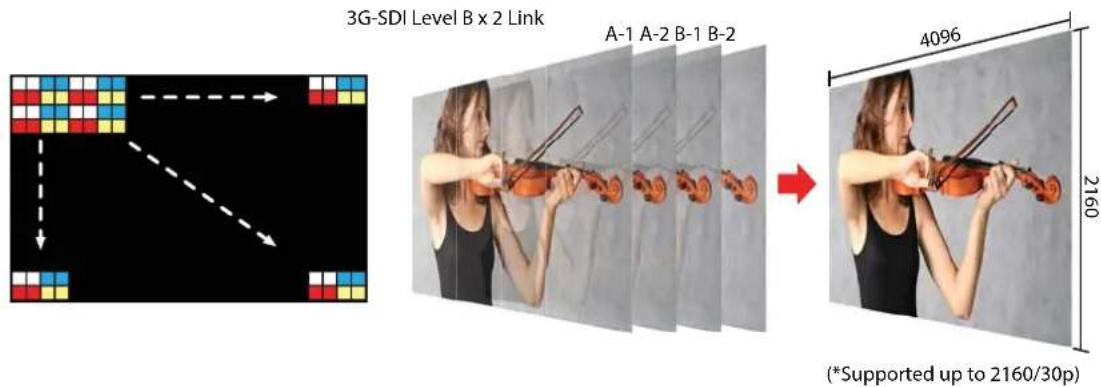 3G-SDI Level B x 2 Link A-1 A-2 B-1 B-2 4096 (*Supported up to 2160/30p) 2160
