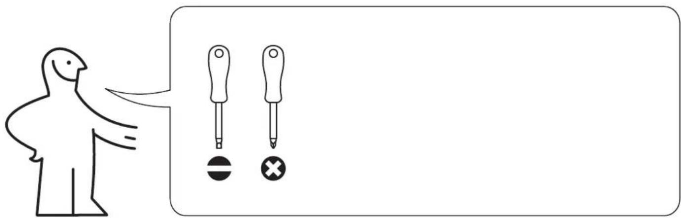 Diagram showing a person pointing to two screwdriver tips with symbols for negative and positive values, likely illustrating a visual or instructional concept.